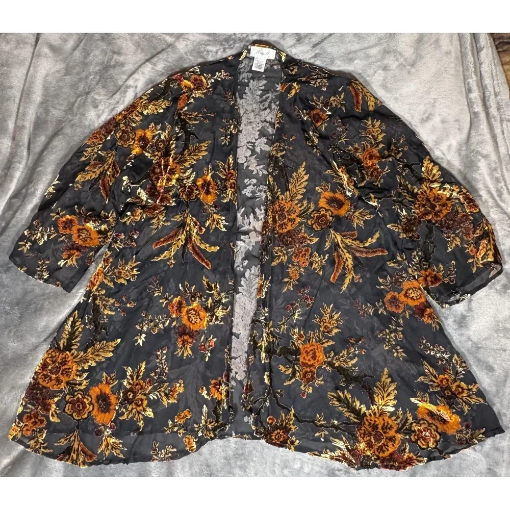 Ania.A Kimono Jacket Womens Large Black Burnout Velvet Floral Sheer Open Front - Picture 1 of 8